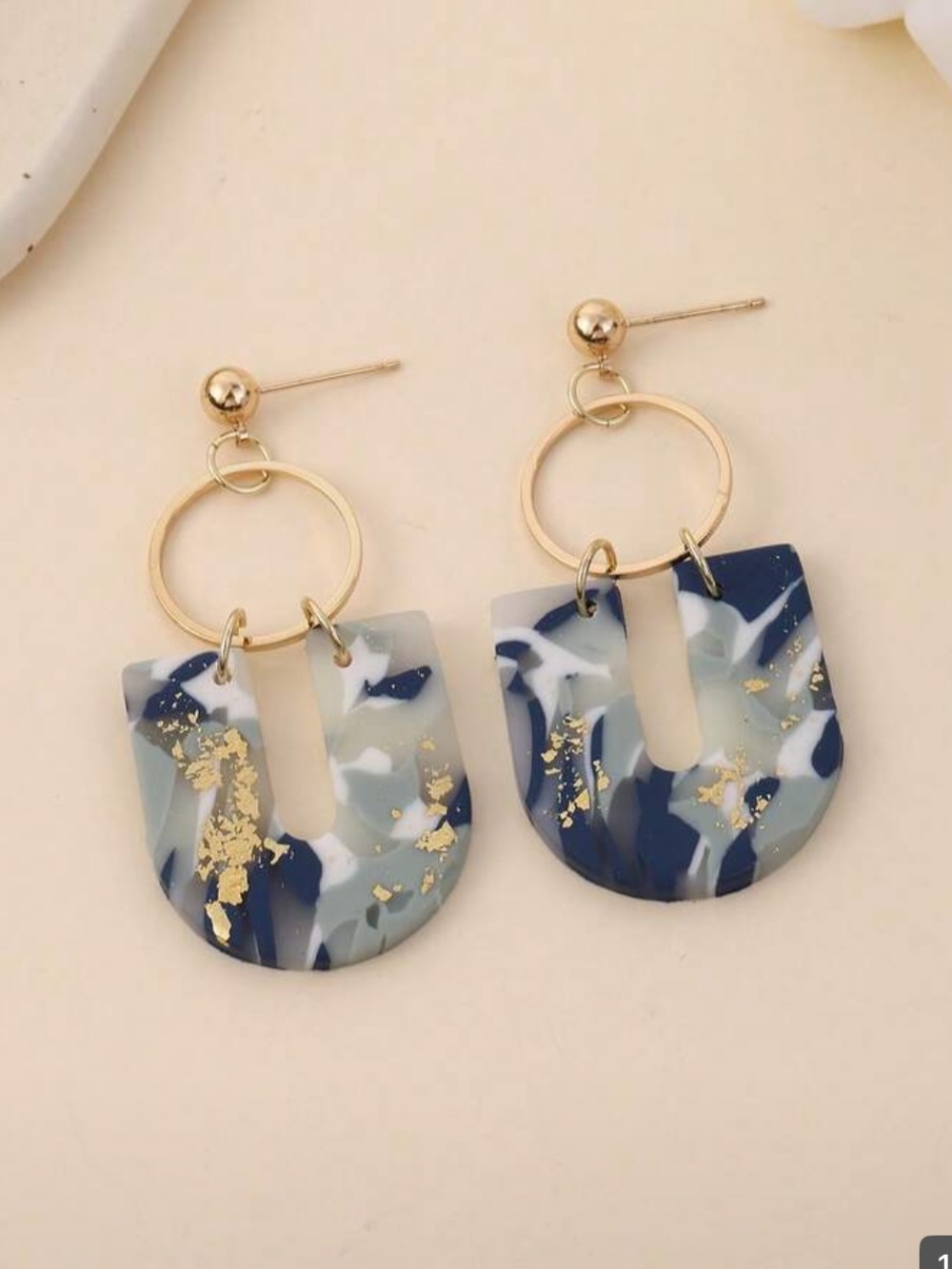 Trendy Gold-Accent Navy Marble Dangle Earrings
